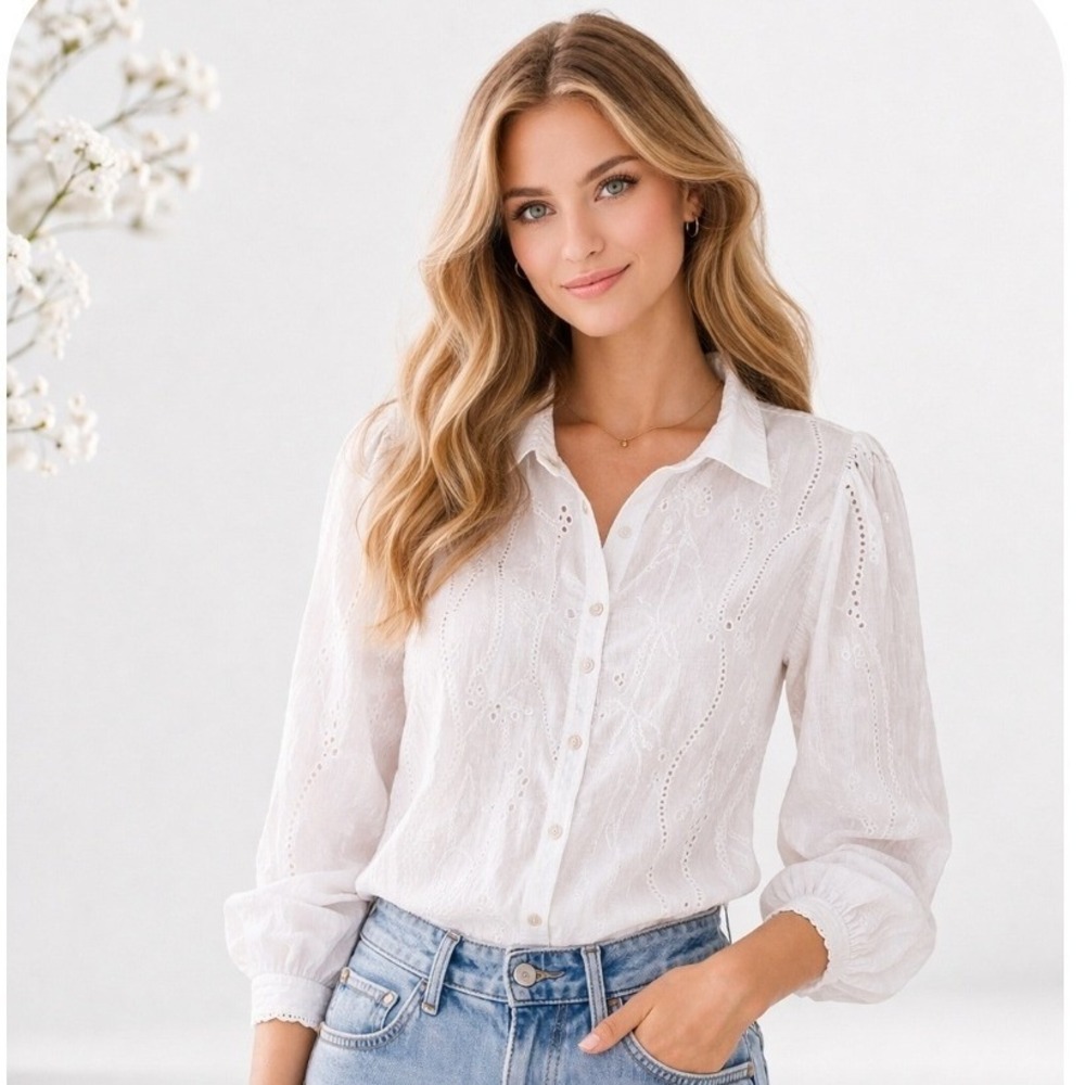 Seven Wonders White Cotton Eyelet Floral Embroidered Button Blouse Large US 8